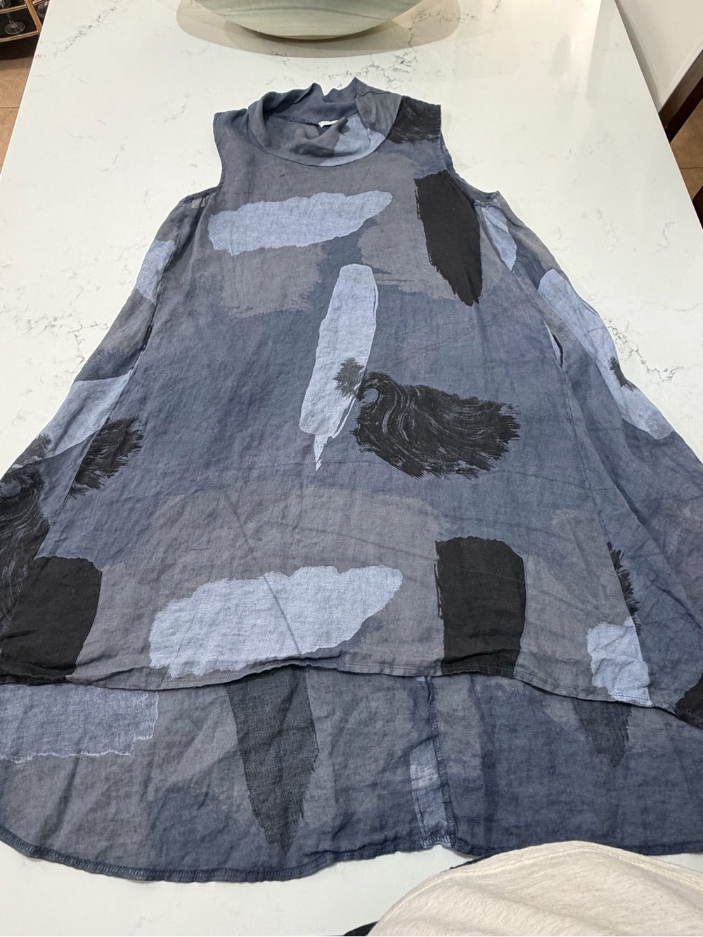 Linen Dress Made in Italy Abstract Brushstroke High Low Side Pockets Grey Black